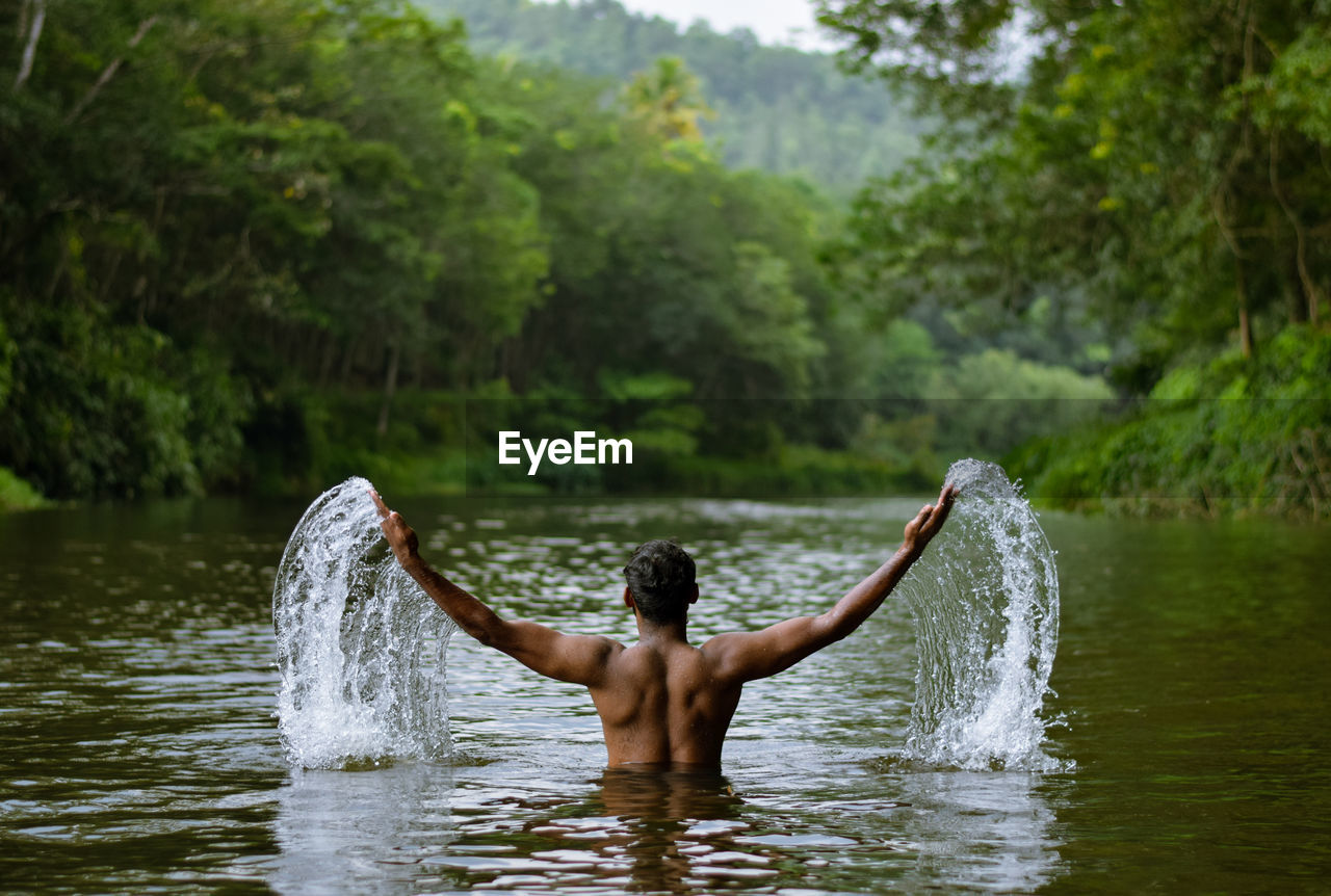 Rear view of man surfing in lake against trees