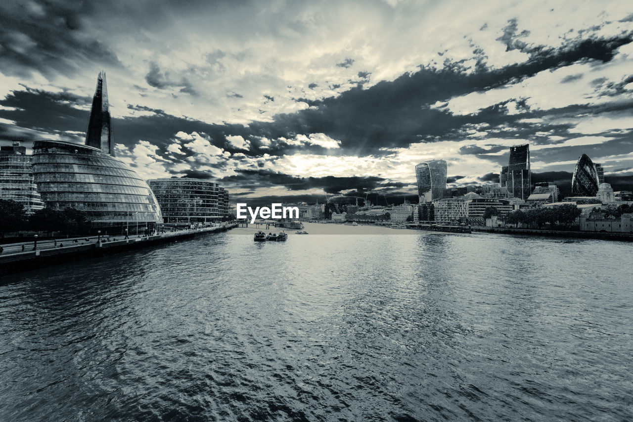 River in front of buildings against sky