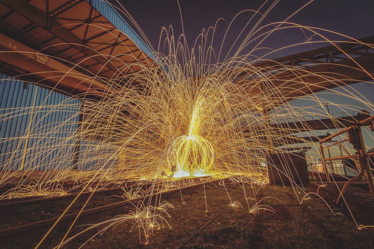 Illuminated wire wool at night