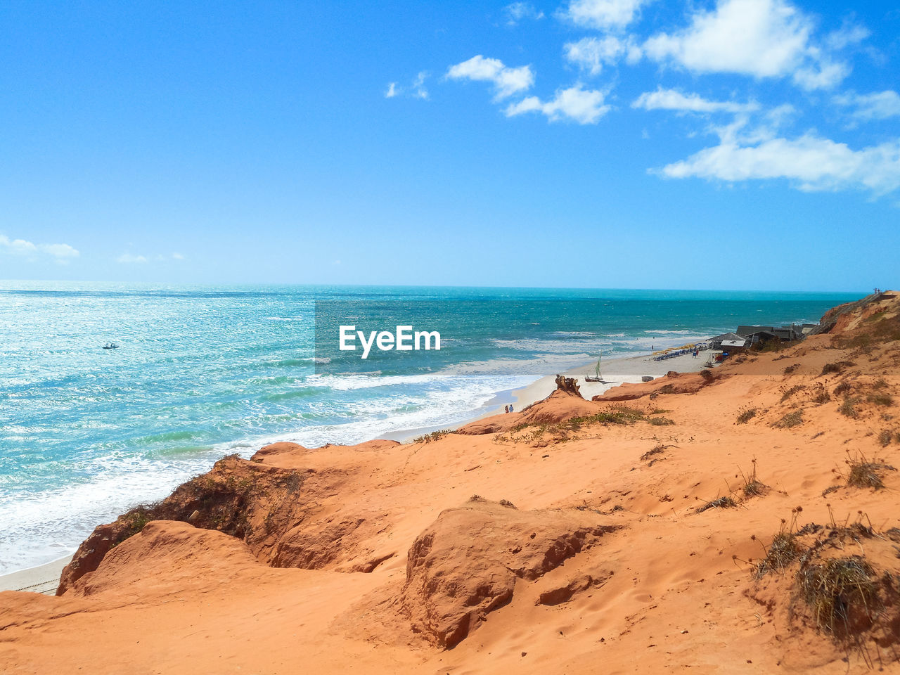 Scenic view of beach against blue sky