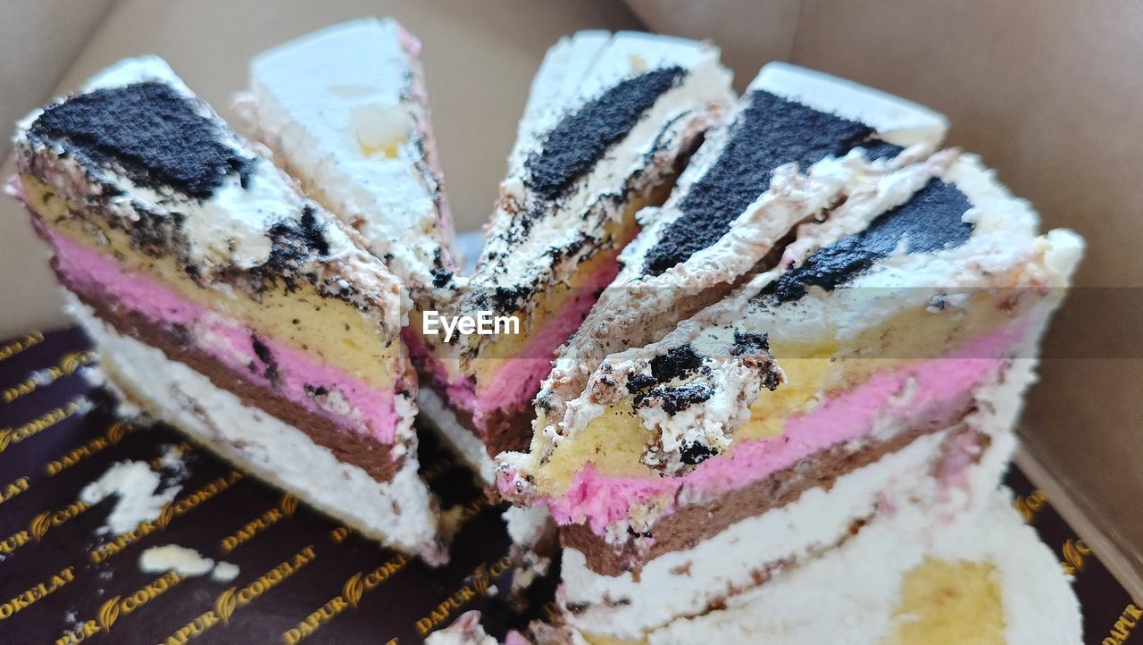 birthday cake, food, cake, icing, sweet food, dessert, sweet, sweetness, food and drink, indoors, no people, still life, close-up, temptation, baked, multi colored, table, freshness, high angle view, slice, slice of cake, unhealthy eating, snack, produce