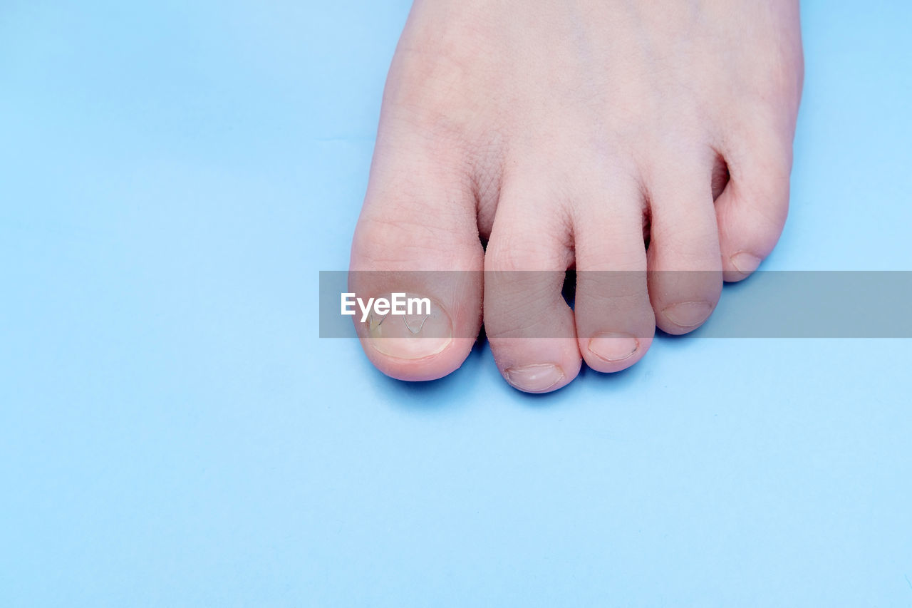 finger, blue, nail, toe, studio shot, human leg, limb, blue background, one person, hand, colored background, indoors, human foot, close-up, adult, nail polish, copy space, women