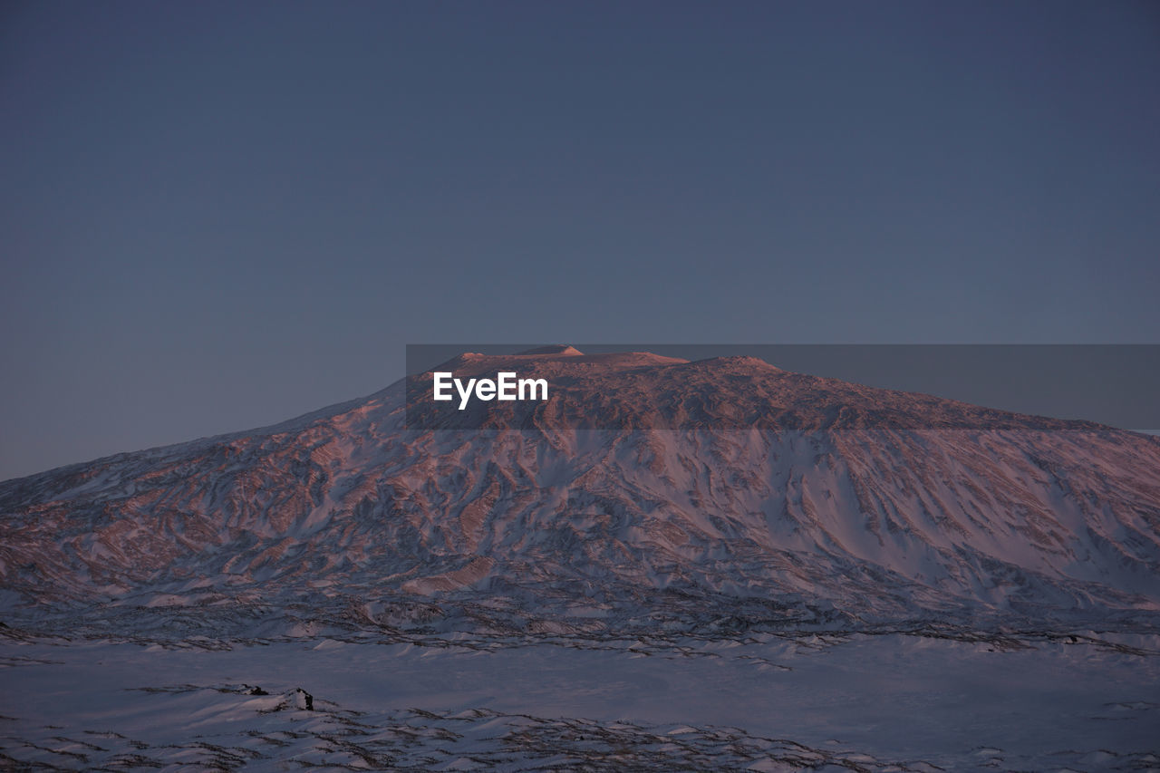 Scenic view of snowcapped mountains against clear sky