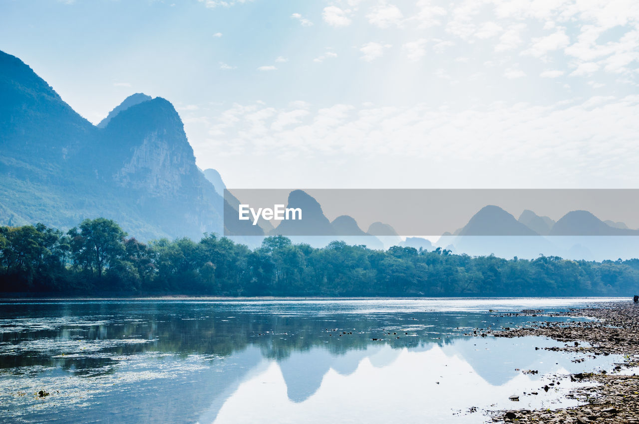 Scenic view of lake by mountains against sky