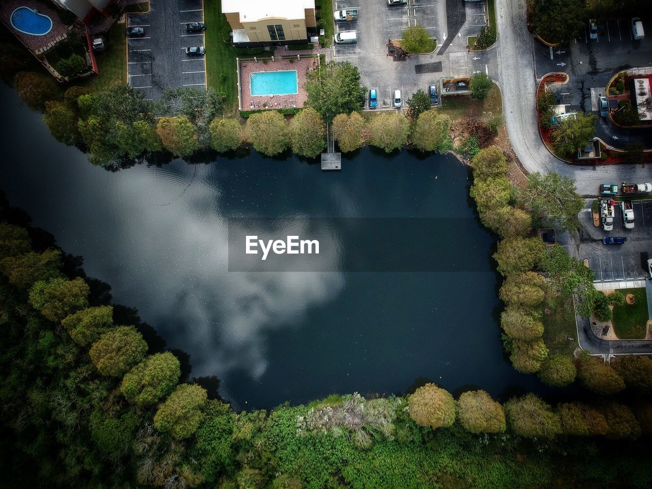 High angle view of city by trees