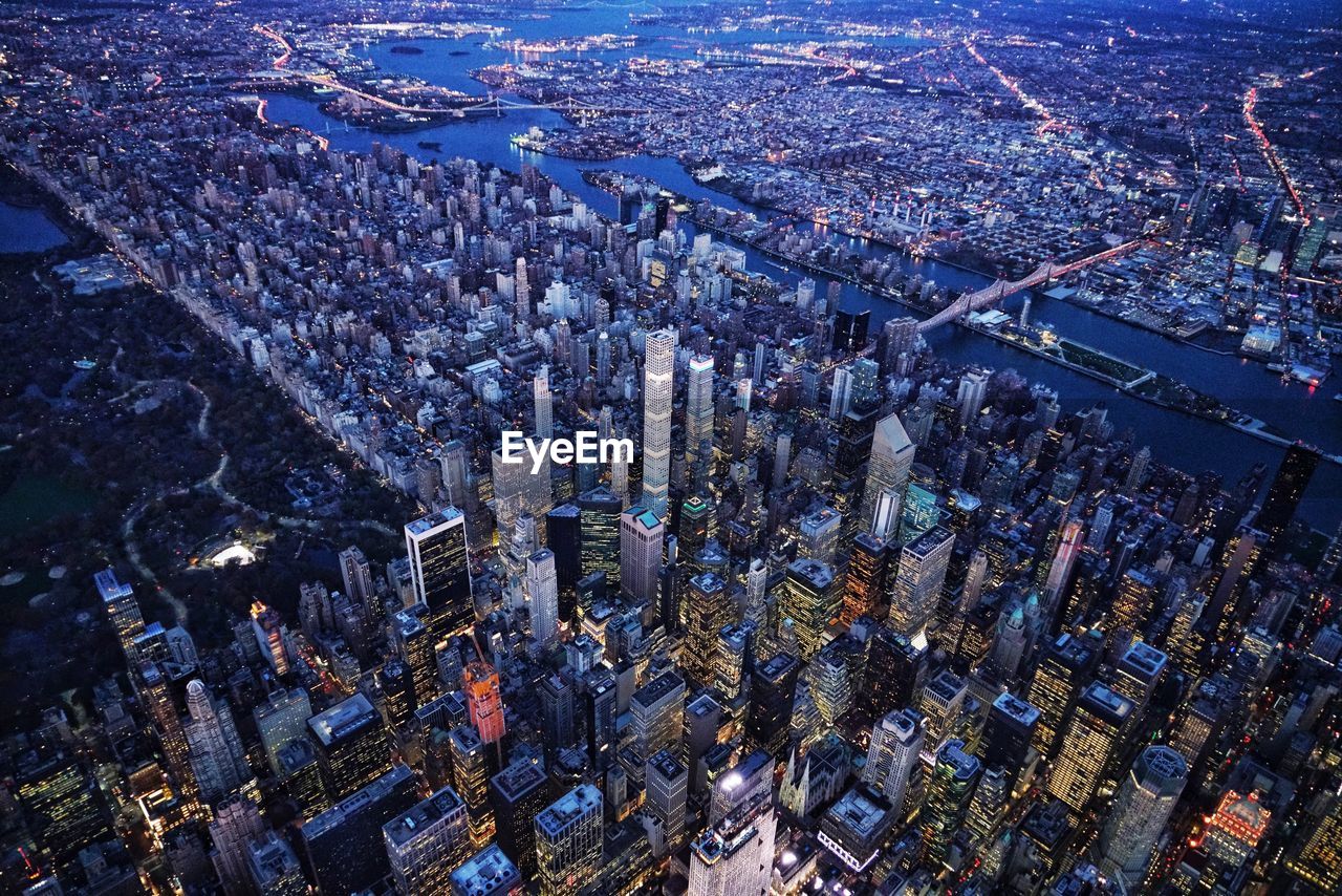 Aerial view of illuminated cityscape