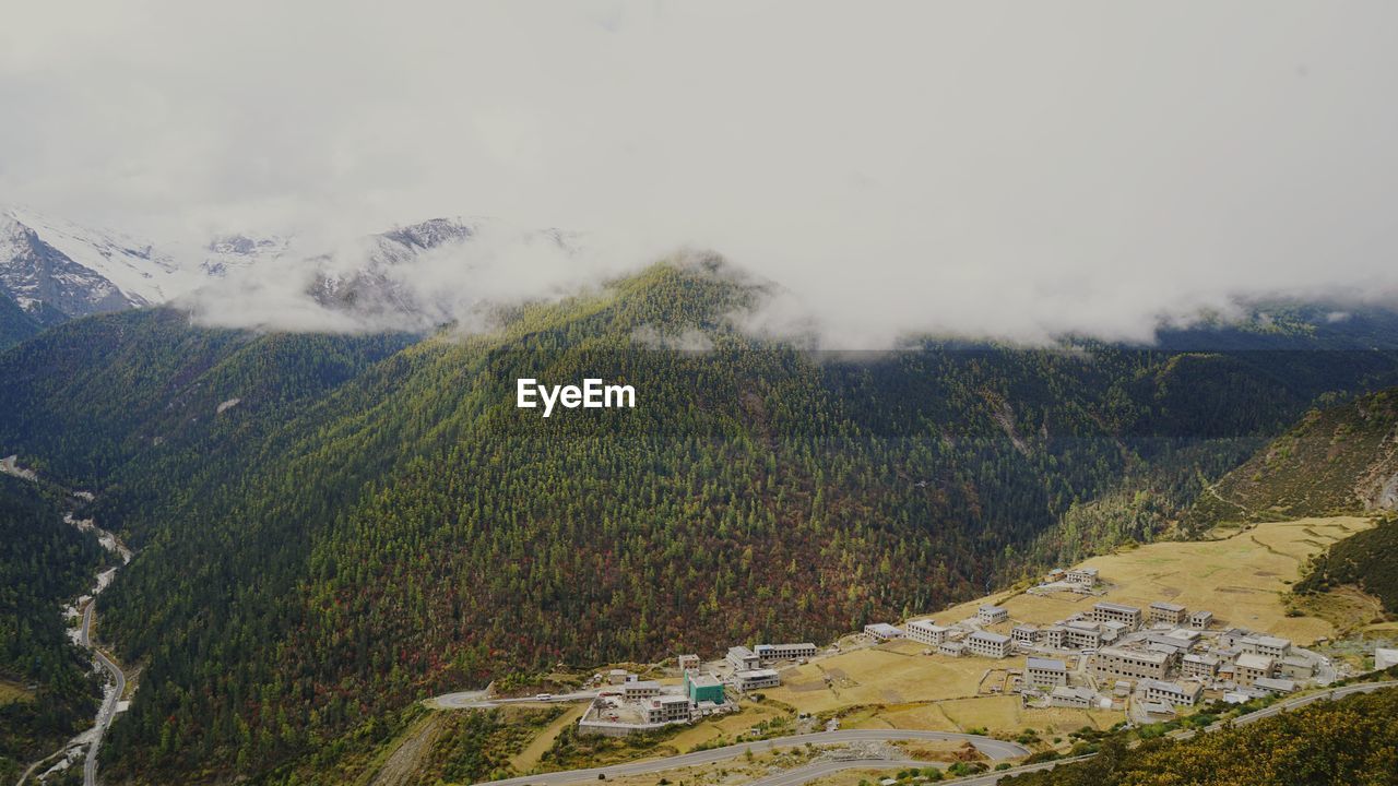 High angle view of yading village from sichuan province