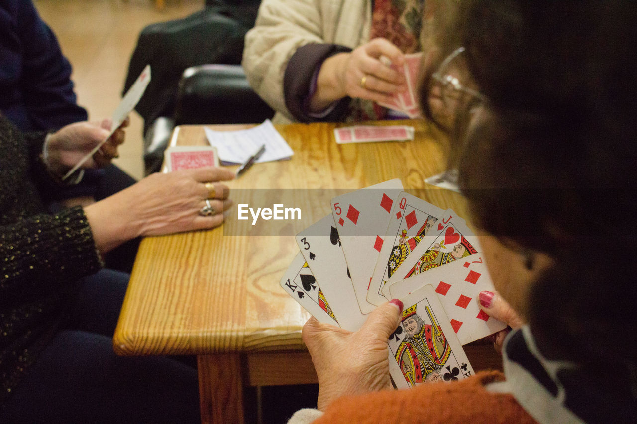 Women playing card game at table