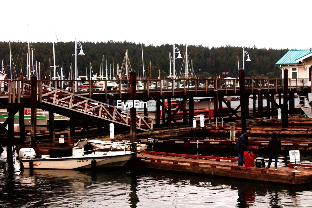 Pier at harbor against clear sky