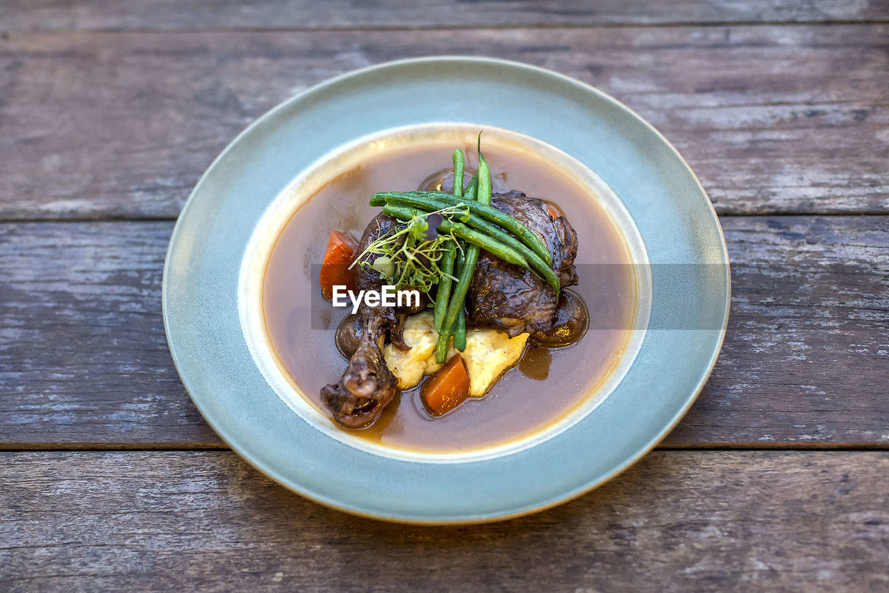 High angle view of food served in plate on table