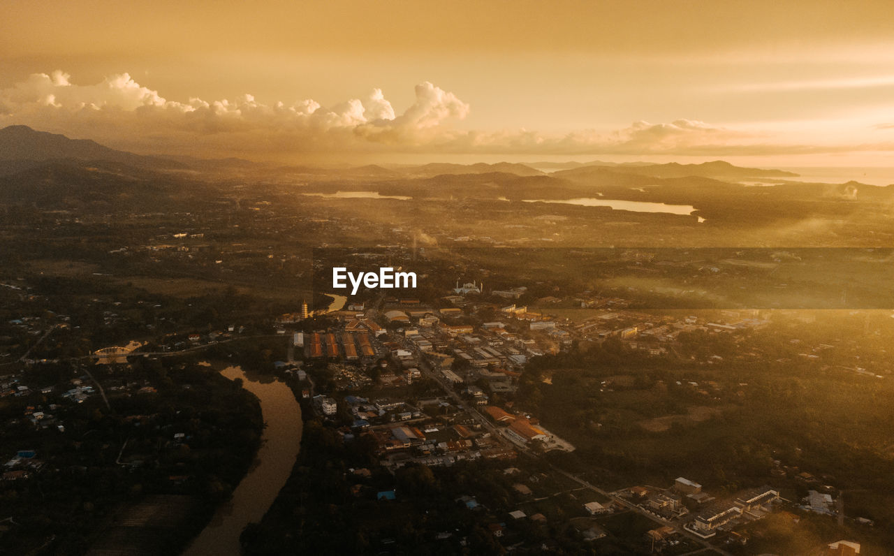 Aerial view of tuaran town during golden hour