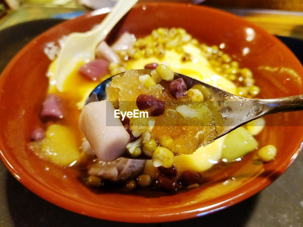 High angle view of dessert in plate on table