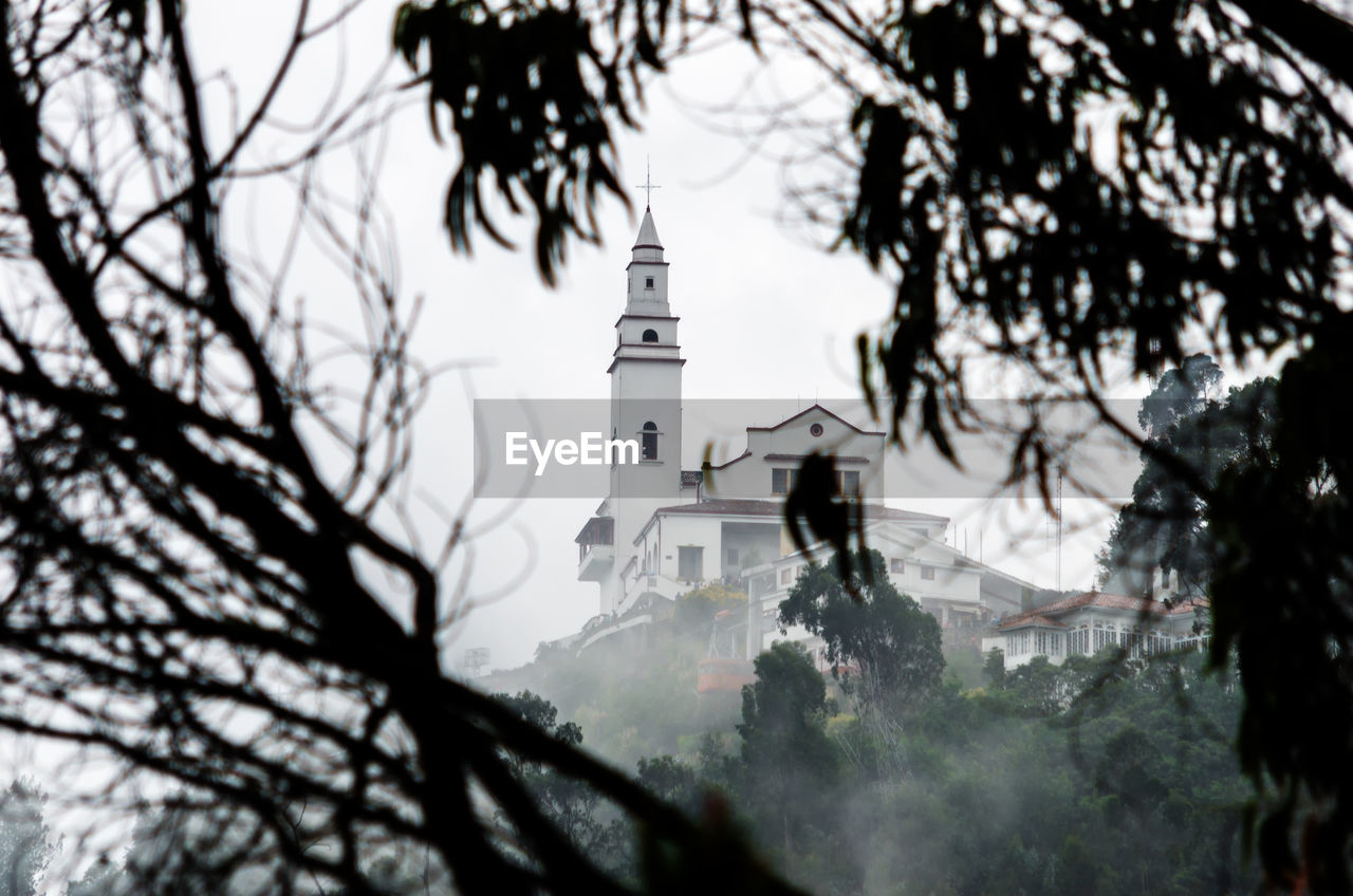 Low angle view of church and tree at monserrate during foggy weather