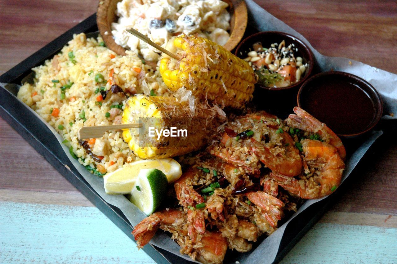 High angle view of seafood in plate on table