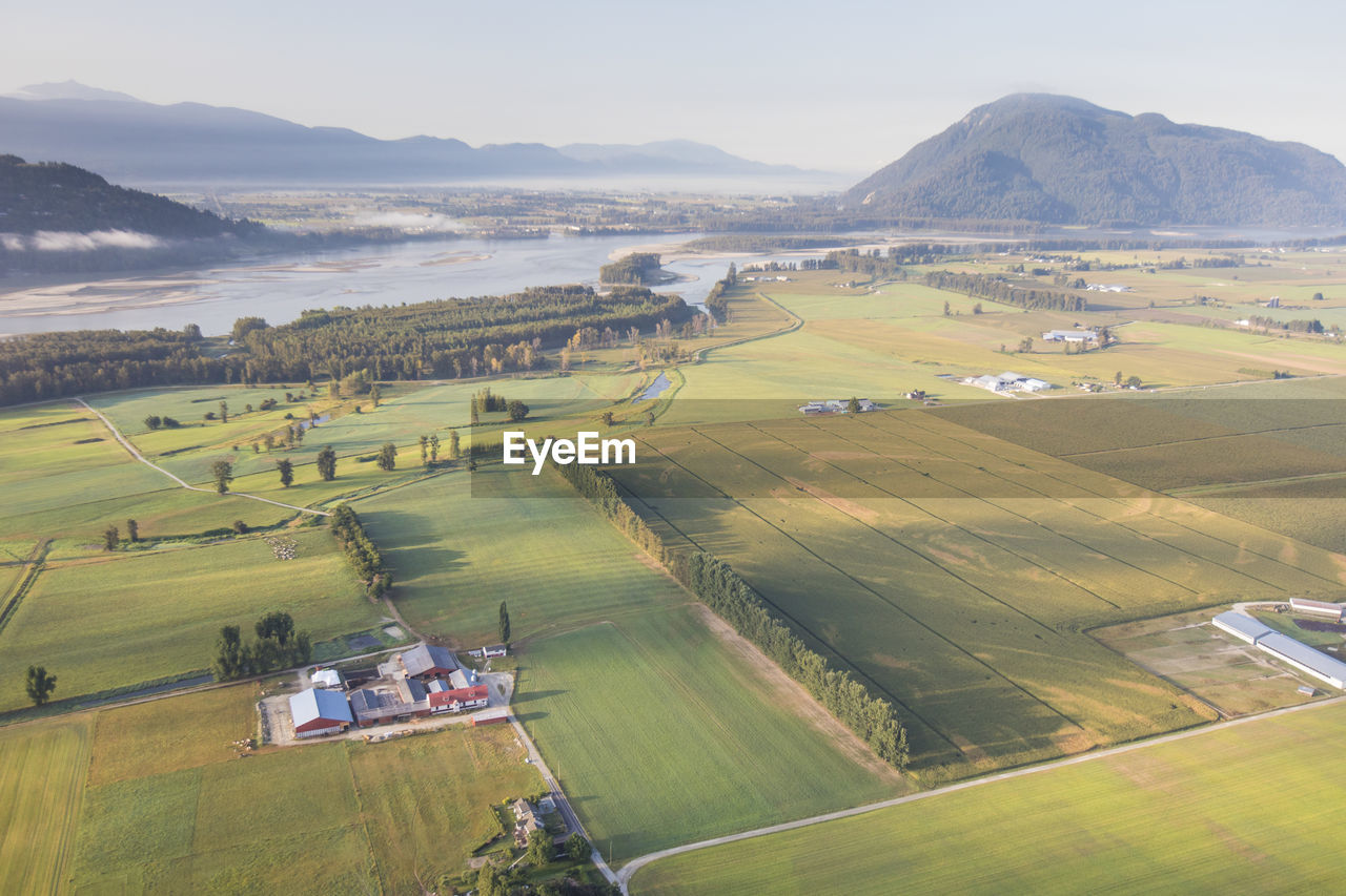 Aerial view of farm fields in agassiz, bc