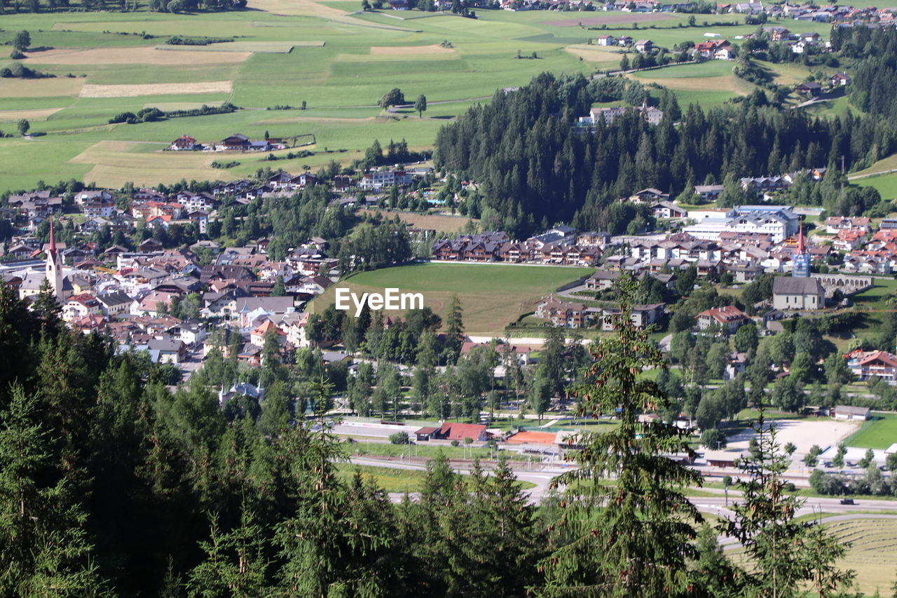 HIGH ANGLE VIEW OF TREES AND HOUSES ON BUILDINGS