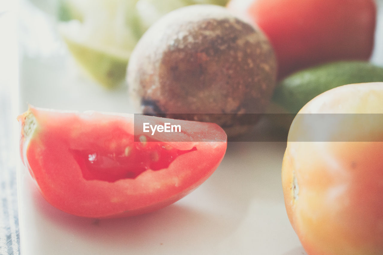 Close-up of fruits and vegetables on table