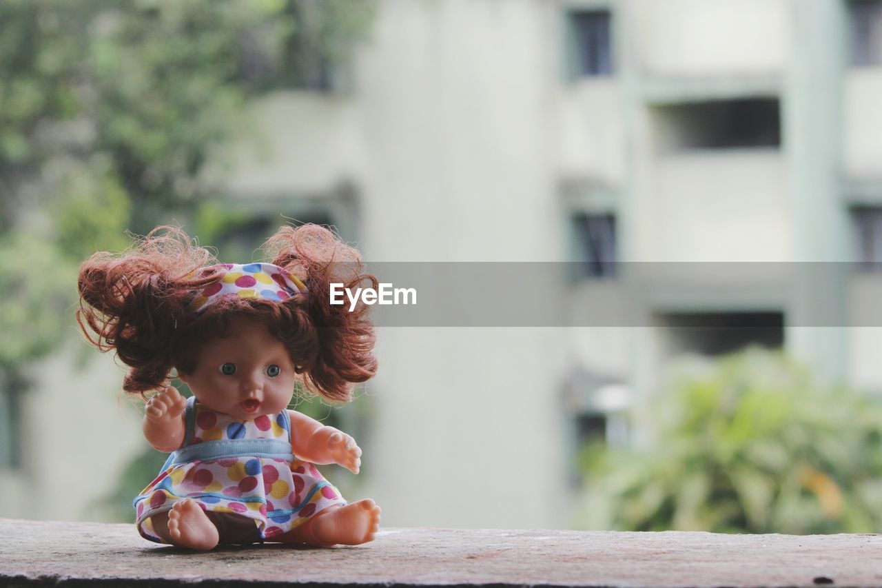 Close-up of doll on retaining wall in city