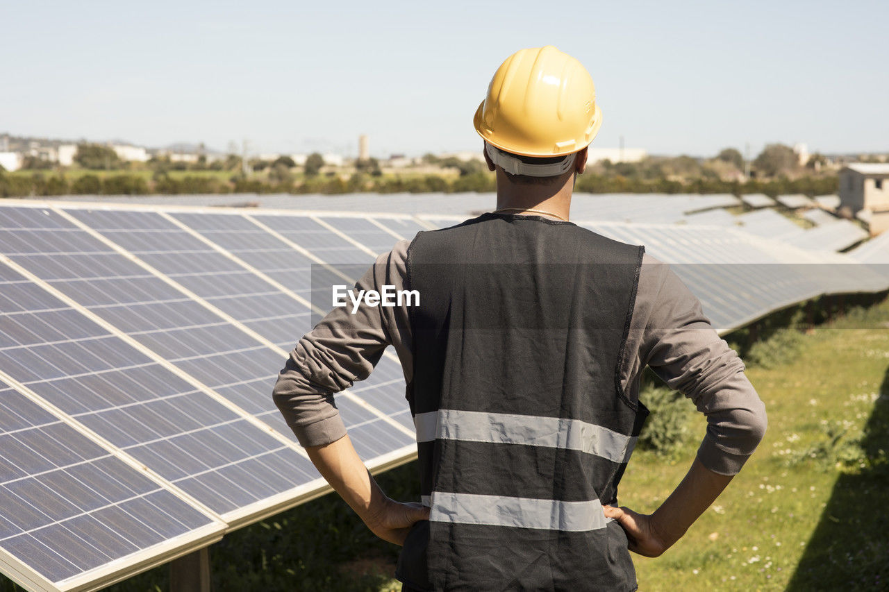 Rear view of male engineer with arms akimbo looking at solar panels in field