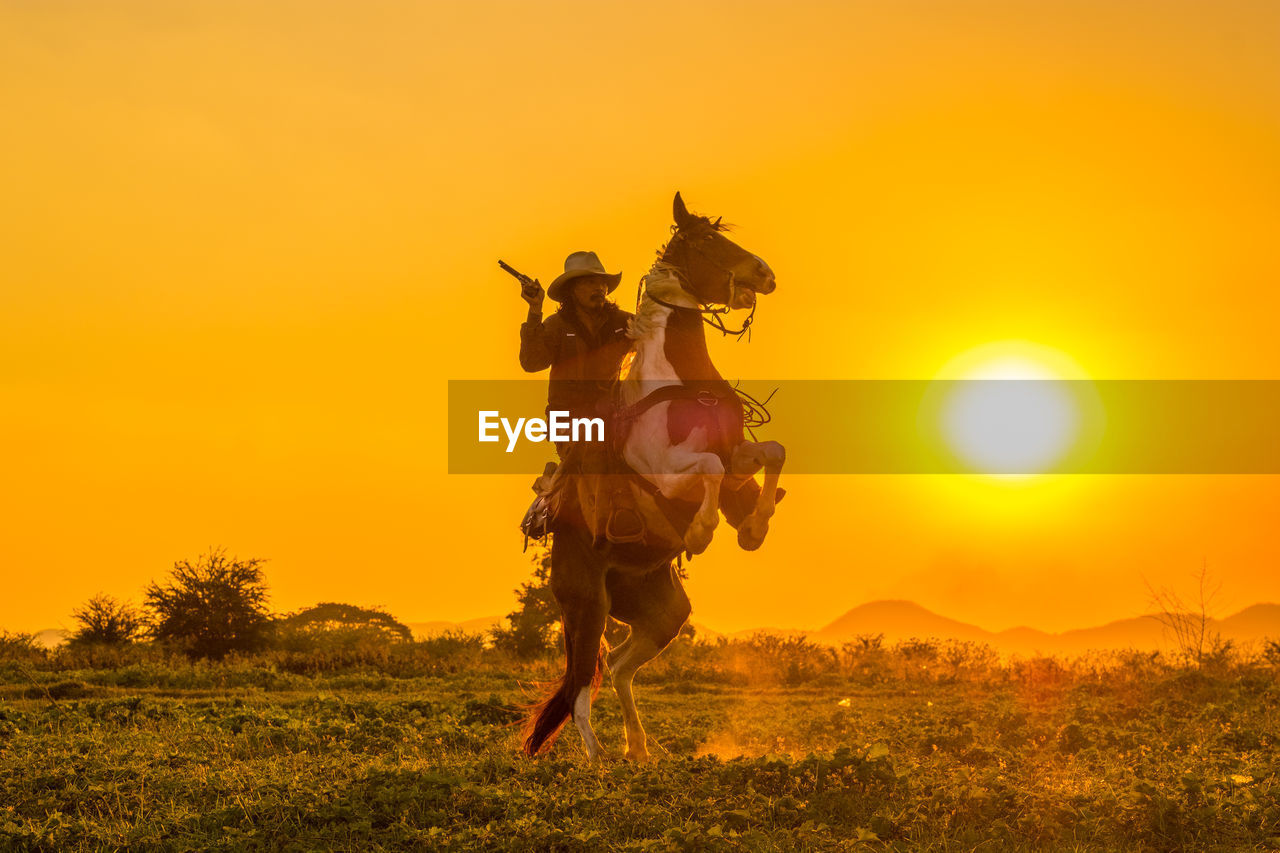 LOW SECTION OF MAN ON FIELD AGAINST ORANGE SKY