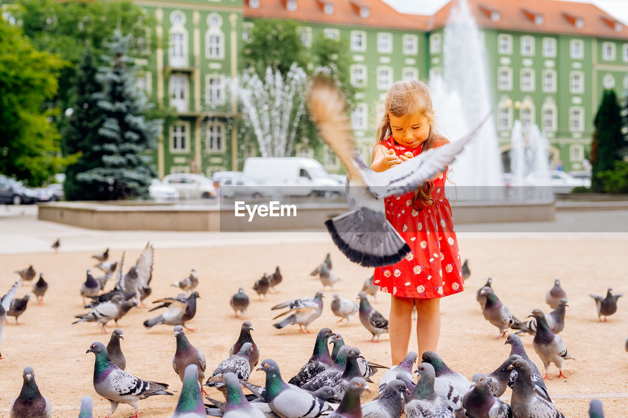 WOMAN WITH BIRDS IN PARK