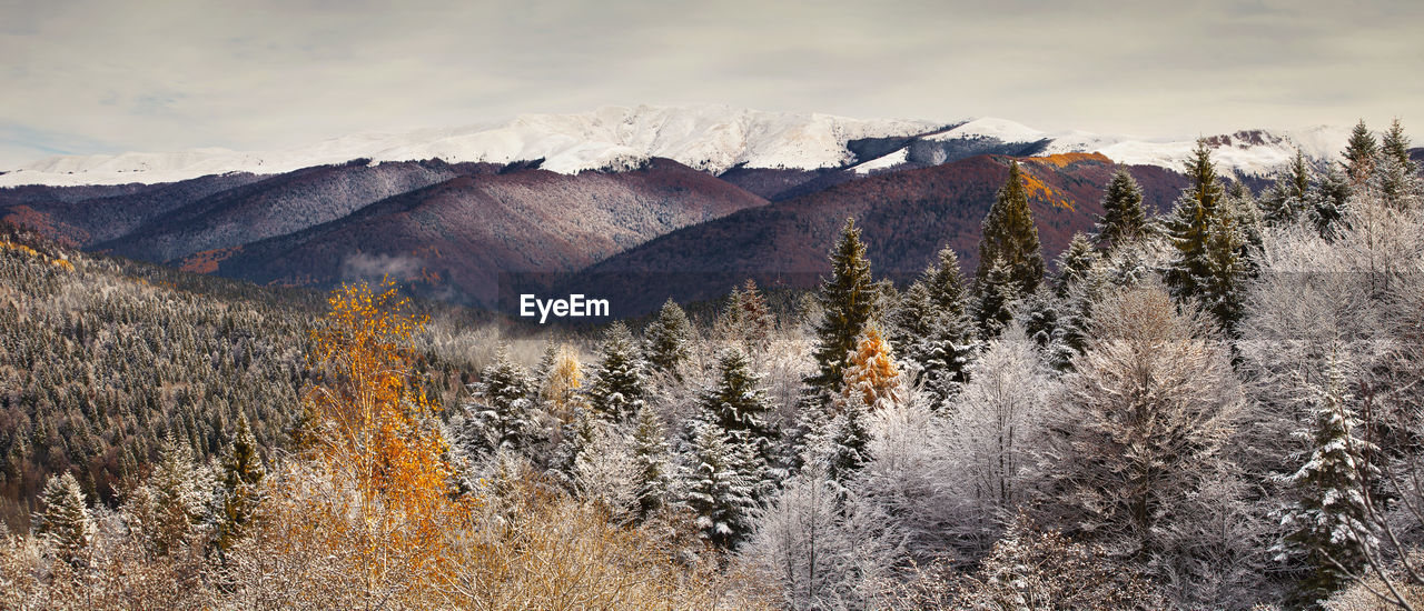 Scenic view of mountains against sky during winter