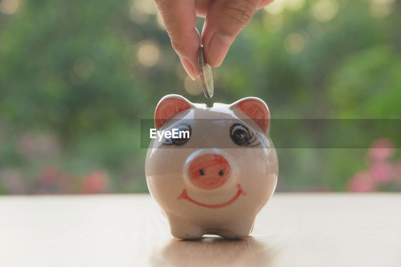 Close-up of person inserting coin in piggy bank on table