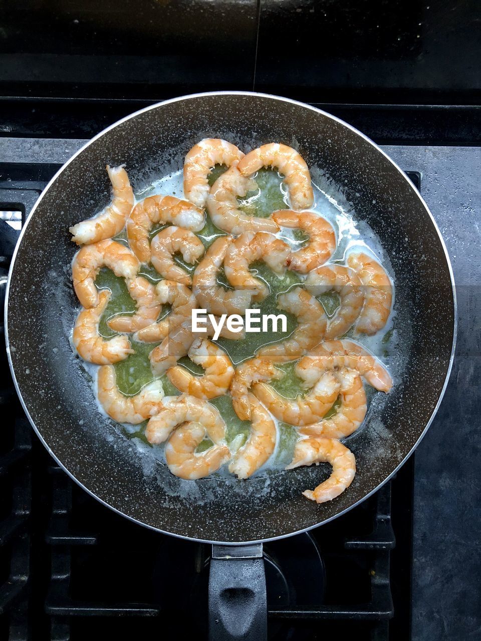 High angle view of shrimps in cooking pan