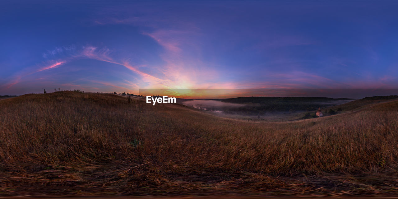 Sunrise in summer field, 360 by 180 degree full spherical panorama in equirectangular projection