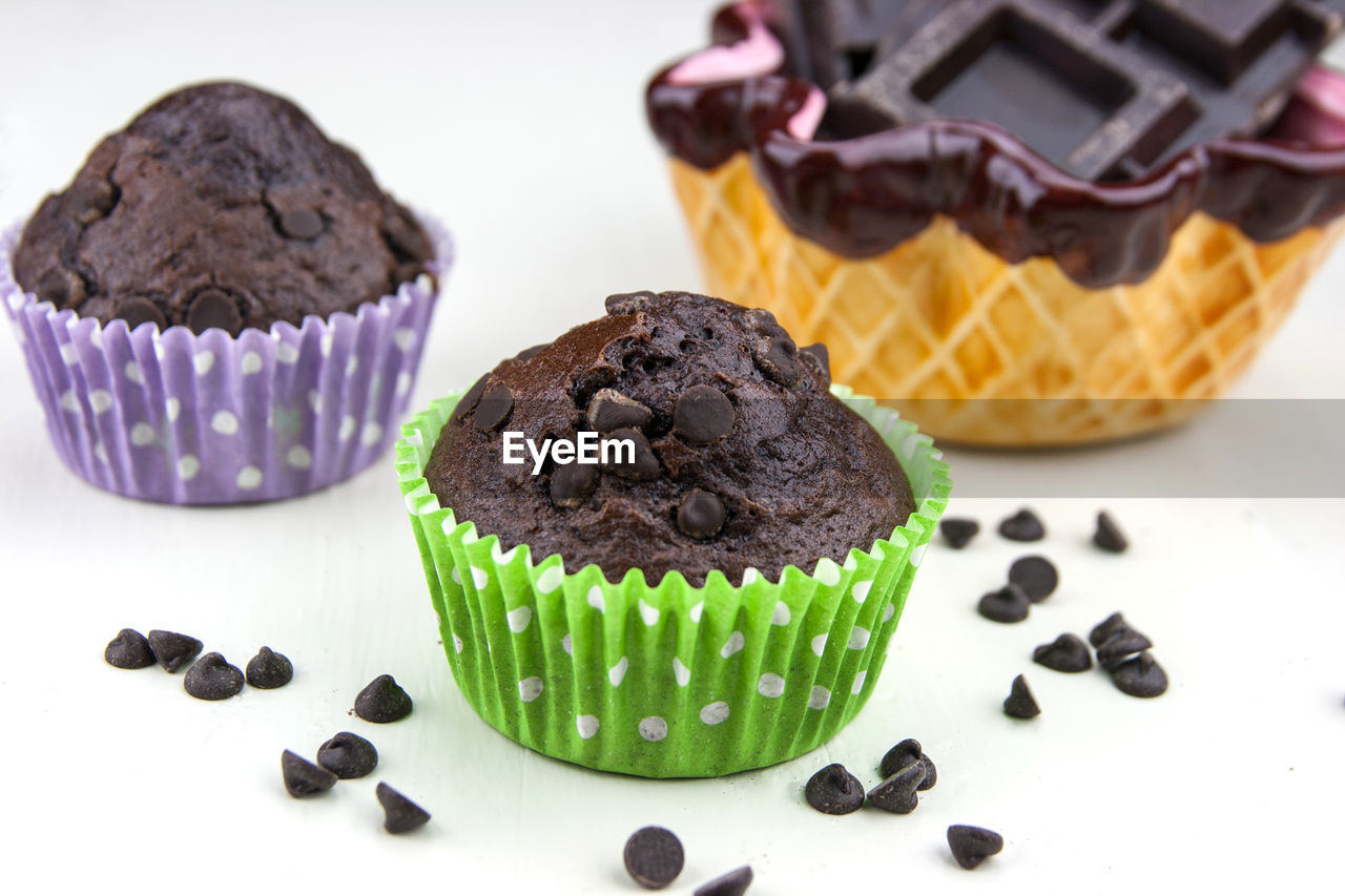 Close-up of cupcakes with chocolate chips