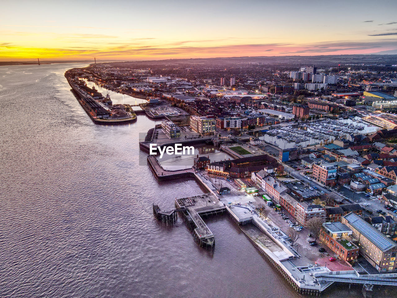 Drone view of hull, uk at sunset