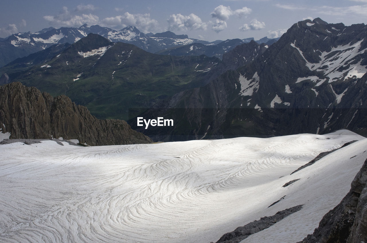 Scenic view of mountains against sky during winter