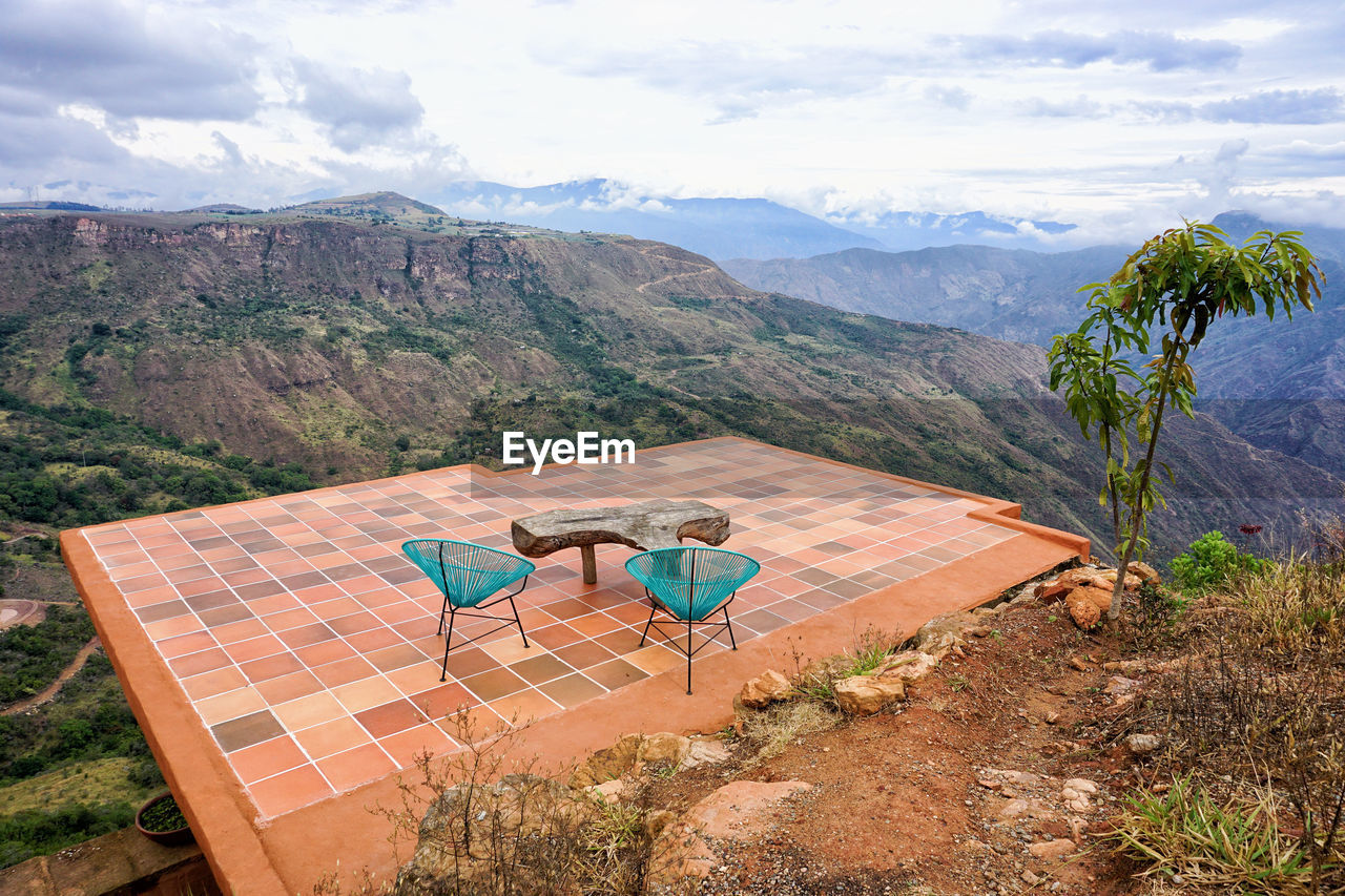 High angle view of green landscape against sky