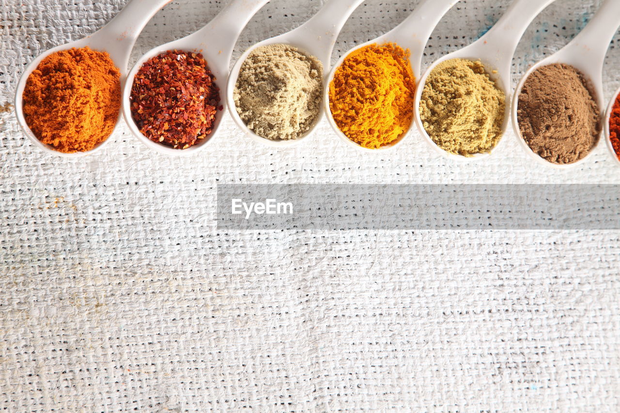 Close-up of various grounded spices in spoon on burlap