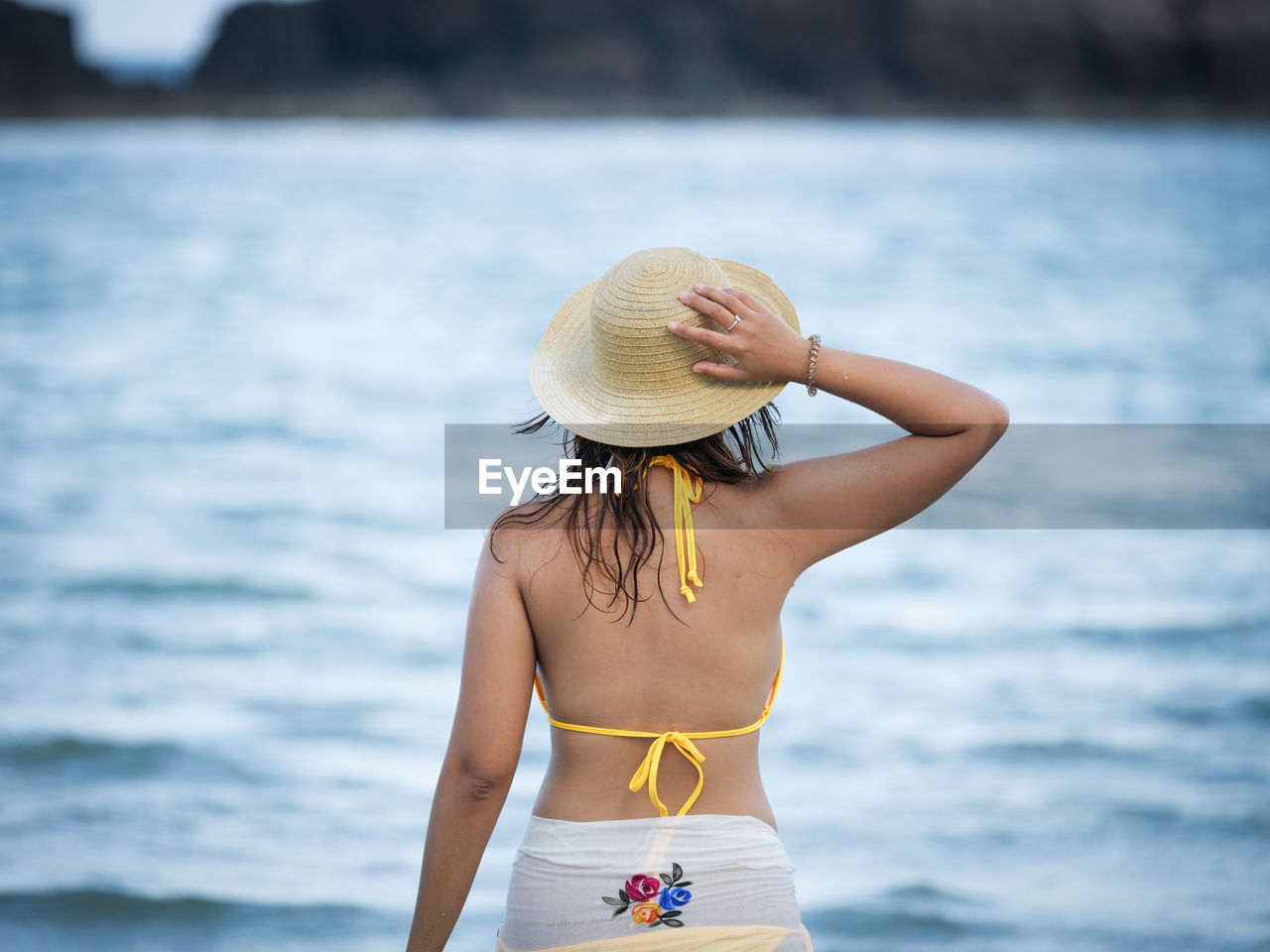 Rear view of woman wearing bikini and sun hat while standing at beach