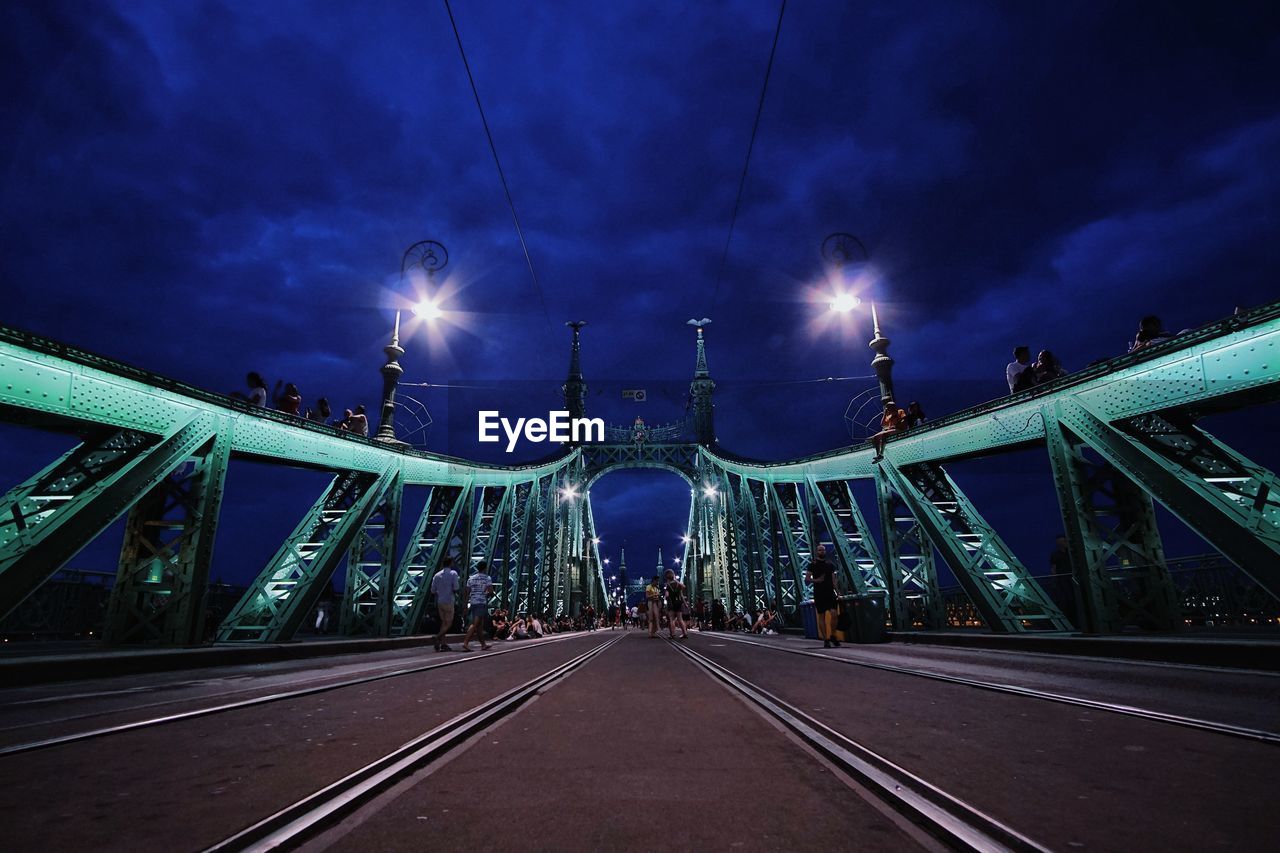 Panoramic view of illuminated bridge against sky at night