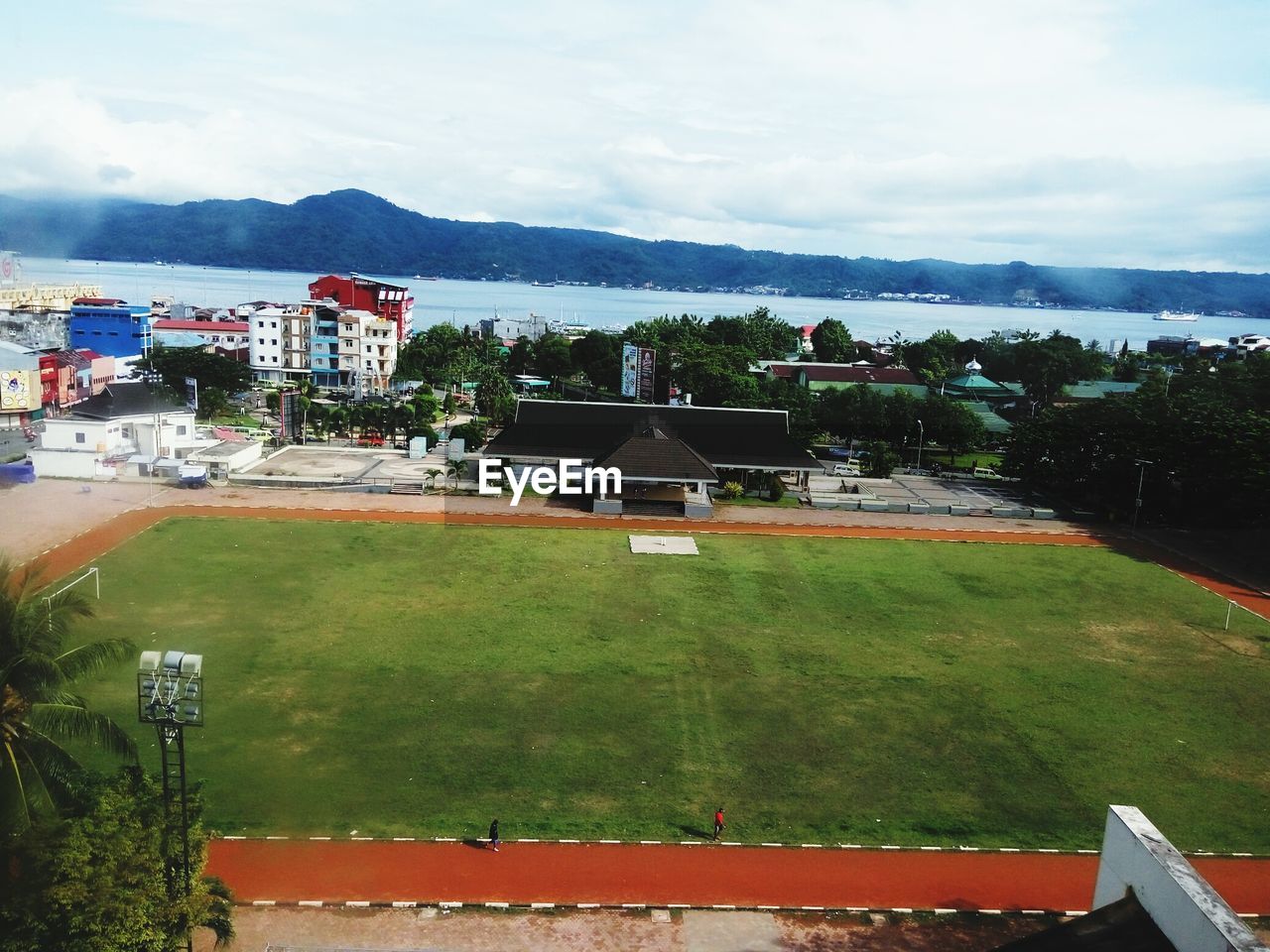 High angle view of town against sky