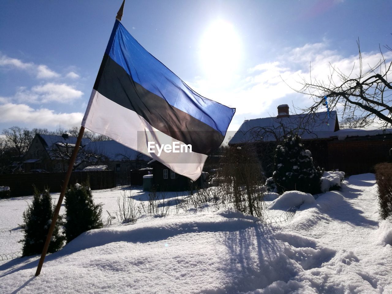 LOW ANGLE VIEW OF FLAGS ON SNOW COVERED LANDSCAPE