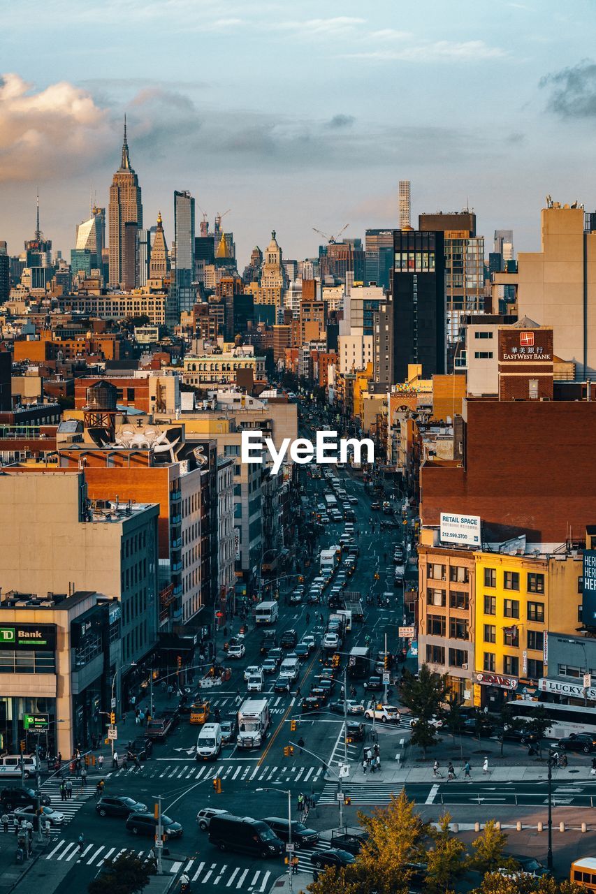 High angle view of buildings in city against sky