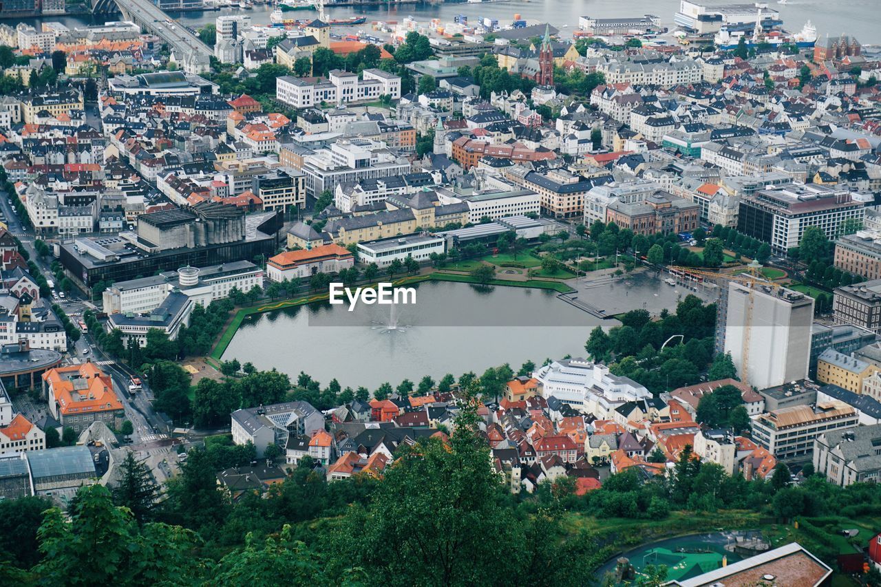 High angle view of buildings in the city of bergen 