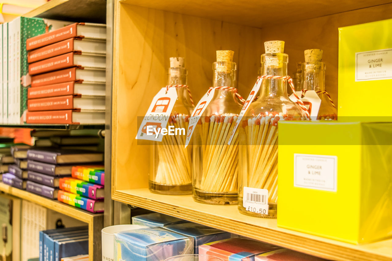 Close-up of various objects on shelves