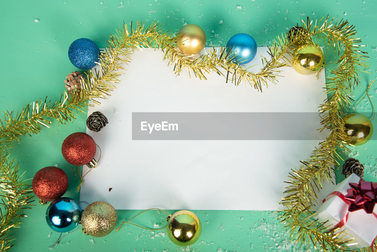 Close-up of christmas decorations on table