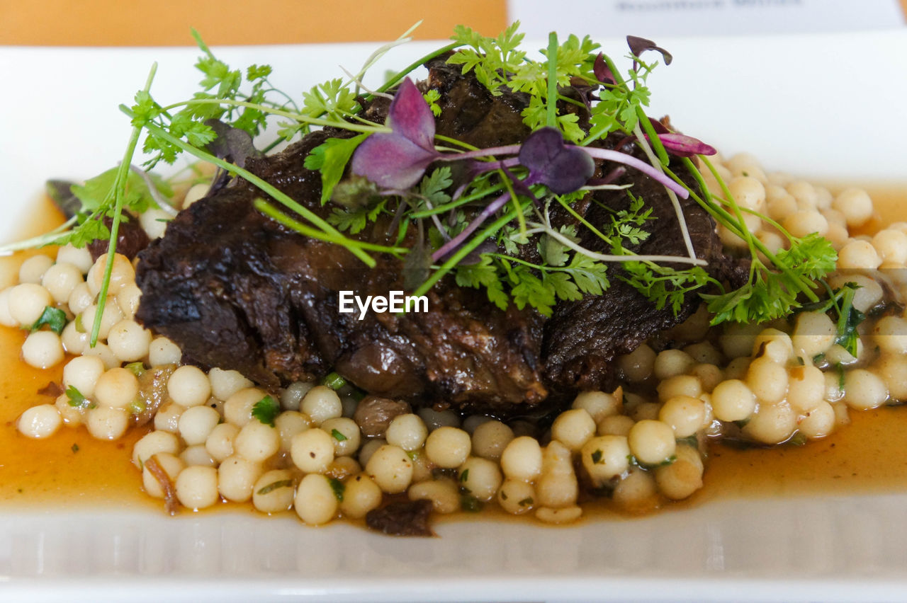 HIGH ANGLE VIEW OF FRESH MEAL SERVED IN PLATE