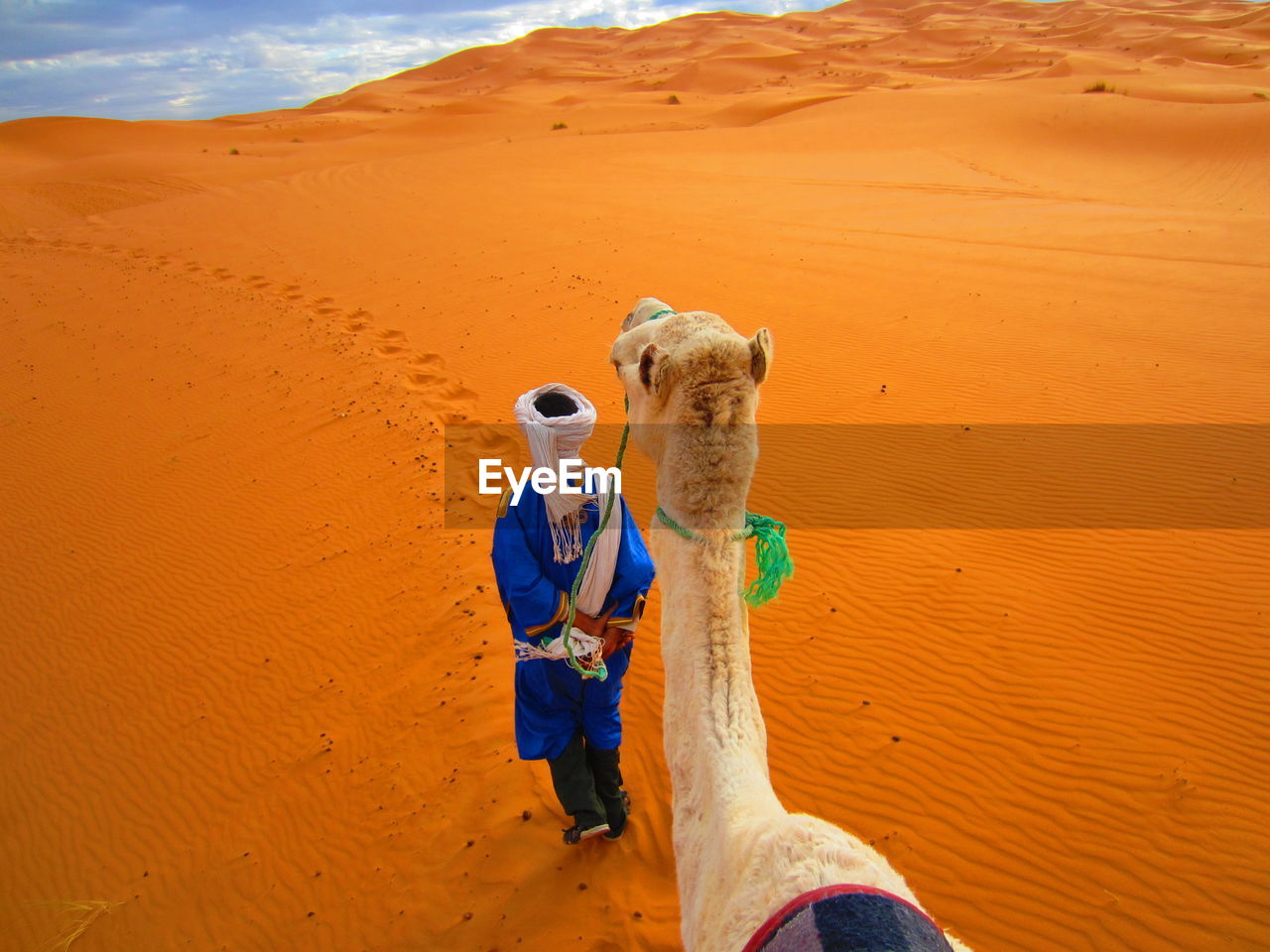 Man with camel standing on sand