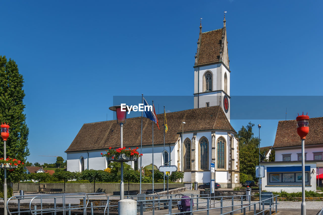 Protestant church is located at the lake side in meilen, swizerland