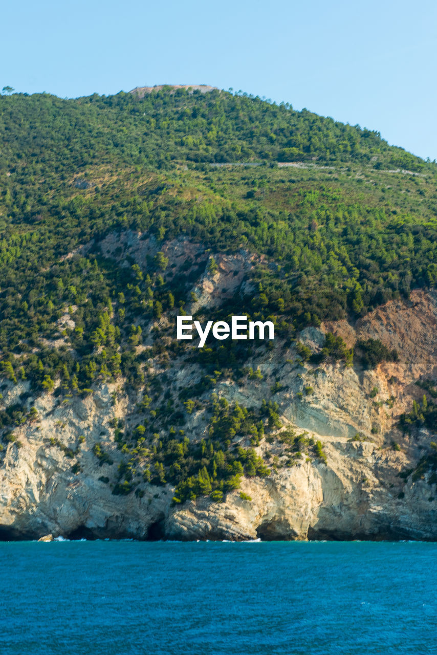 SCENIC VIEW OF SEA AND LANDSCAPE AGAINST CLEAR SKY