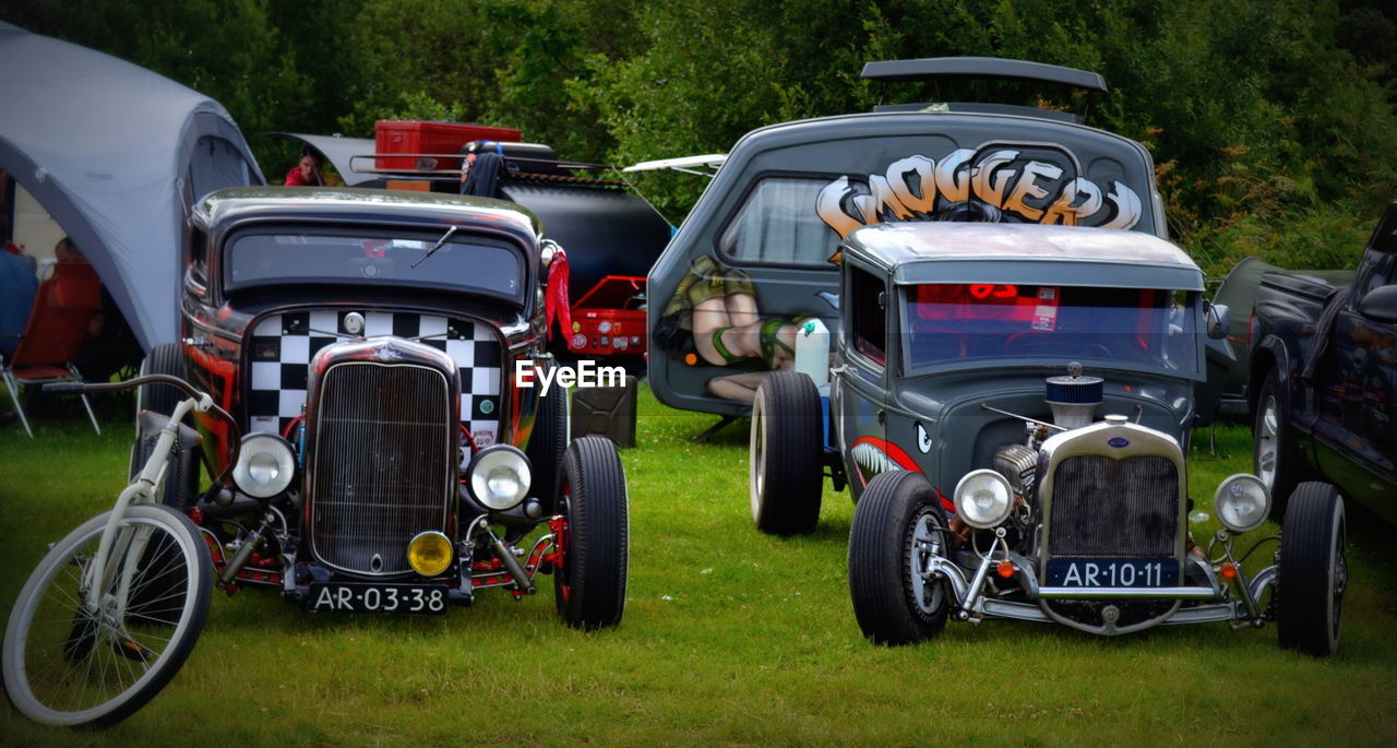 Vintage cars on field