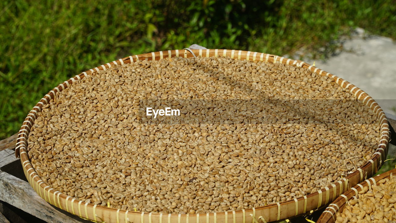 Light brown coffee beans are dried in a bamboo basket