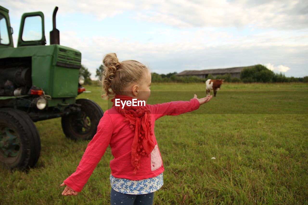 Optical illusion of girl holding cow on grassy field by tractor against sky