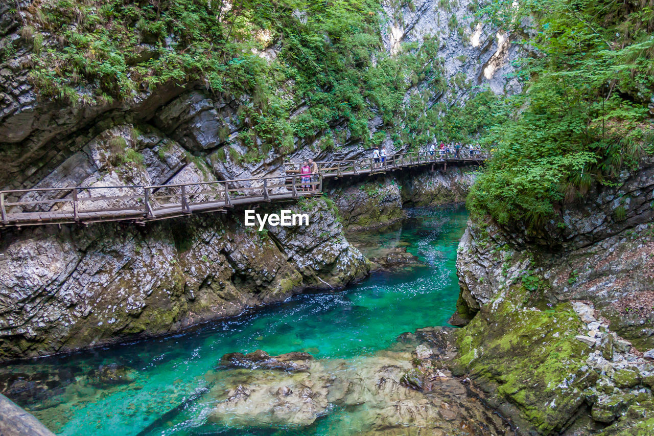 Bridge by mountain over river in forest